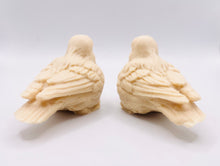 Load image into Gallery viewer, Handmade vegan soaps featuring a set of two love birds . gift boxed in beautiful eco friendly packaging. crafted with natural French clays, activated charcoal and essential oils. a eco-friendly, zero waste gift that’s cruelty-free, skin-nourishing, the perfect gift for bird lovers and animal lovers. UK Small Business