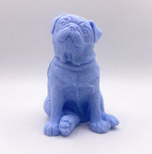 Load image into Gallery viewer, Handmade vegan soaps featuring a cute sitting pug dog. crafted with natural French clays, activated charcoal and essential oils. a eco-friendly, zero waste gift that’s cruelty-free, skin-nourishing, and perfect for pug owner gifts and dog lovers. Beautiful eco friendly packaging. Small Business UK