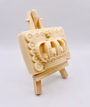 Load image into Gallery viewer, Handmade vegan soaps featuring a detailed crown. crafted with natural French clays, activated charcoal and essential oils. a eco-friendly, zero waste gift that’s cruelty-free, skin-nourishing, and perfect for royal décor gifts and Mother’s Day. small business UK elegantly wrapped in eco-friendly packaging.