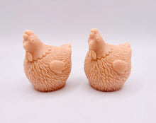 Load image into Gallery viewer, Handmade vegan chicken shaped vegan soaps, set of 2, gift boxed in beautiful eco friendly packaging. crafted with natural French clays, activated charcoal and essential oils. a eco-friendly, zero waste gift that’s cruelty-free, skin-nourishing, and perfect for animal lovers. Small Business UK
