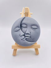 Load image into Gallery viewer, Handmade vegan soaps featuring a sun and moon. crafted with natural French clays, activated charcoal and essential oils. a eco-friendly, zero waste gift that’s cruelty-free, skin-nourishing, and perfect for moon lovers. friendship gifts and mothers day gifts. small business UK