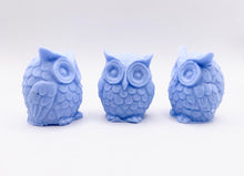 Load image into Gallery viewer, Handmade vegan soaps featuring a set of three owls, gift boxed in beautiful eco friendly packaging. crafted with natural French clays, activated charcoal and essential oils. a eco-friendly, zero waste gift that’s cruelty-free, skin-nourishing, the perfect gift for owl lovers and animal lovers. small business UK