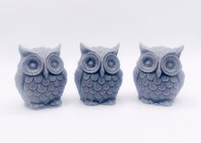 Load image into Gallery viewer, Handmade vegan soaps featuring a set of three owls, gift boxed in beautiful eco friendly packaging. crafted with natural French clays, activated charcoal and essential oils. a eco-friendly, zero waste gift that’s cruelty-free, skin-nourishing, the perfect gift for owl lovers and animal lovers. small business UK