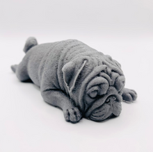 Load image into Gallery viewer, Handmade vegan soap featuring sleepy pug lying down and packed in beautiful eco friendly packaging. crafted with natural French clays, activated charcoal and essential oils. a eco-friendly, zero waste gift that’s cruelty-free, skin-nourishing, and perfect for pug owners, dog lovers or animal themed gifts. Small business UK