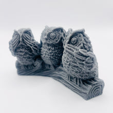 Load image into Gallery viewer, Handmade vegan soaps featuring the three wise owls sat on a log. see no evil, hear no evil speak no evil. crafted with natural French clays, activated charcoal and essential oils. a eco-friendly, zero waste gift that’s cruelty-free, skin-nourishing, and perfect for animal lovers and teacher appreciation gifts. small business UK