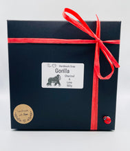 Load image into Gallery viewer, Handmade vegan soaps featuring a huge detailed gorilla soap gift boxed in beautiful eco friendly packaging crafted with natural French clays, activated charcoal and essential oils. a eco-friendly, zero waste gift that’s cruelty-free, skin-nourishing, and perfect for gorilla lovers, gifts for him and animal themed gifts. small business UK