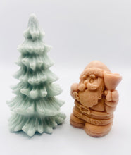 Load image into Gallery viewer, Handmade vegan Father Christmas and Christmas tree shaped vegan soaps gift boxed in beautiful eco friendly packaging. crafted with natural French clays, activated charcoal and essential oils. a eco-friendly, zero waste gift that’s cruelty-free, skin-nourishing, and perfect for animal lovers. Small business UK.