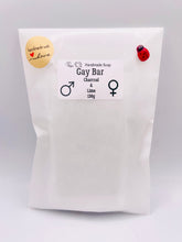 Load image into Gallery viewer, Handmade vegan soaps featuring the wording GAY BAR novelty gift. crafted with natural French clays, activated charcoal and essential oils. a eco-friendly, zero waste gift that’s cruelty-free, skin-nourishing, and perfect for pride gifts and LGBTQ gifts, hen party favours. wrapped in beautiful eco friendly packaging.