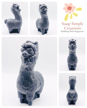 Load image into Gallery viewer, Handmade vegan soaps featuring a llama or alpaca wearing sunglasses wrapped in beautiful eco friendly packaging crafted with natural French clays, activated charcoal and essential oils. a eco-friendly, zero waste gift that’s cruelty-free, skin-nourishing, and perfect for alpaca or llama gifts and animal themed gifts. small business UK