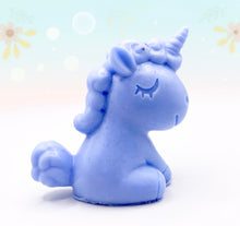 Load image into Gallery viewer, Handmade vegan soaps featuring a cute happy unicorn wrapped in beautiful eco friendly packaging. crafted with natural French clays, activated charcoal and essential oils. a eco-friendly, zero waste gift that’s cruelty-free, skin-nourishing, the perfect gift for unicorn lovers, or for animal lover gifts. small business UK