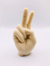 Load image into Gallery viewer, Handmade vegan soap featuring a hand in the peace finger gesture packed in beautiful eco friendly packaging. crafted with natural French clays, activated charcoal and essential oils. a eco-friendly, zero waste gift that’s cruelty-free, skin-nourishing, and perfect for novelty gift lovers or themed gifts. Small business UK
