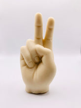 Load image into Gallery viewer, Handmade vegan soap featuring a hand in the peace finger gesture packed in beautiful eco friendly packaging. crafted with natural French clays, activated charcoal and essential oils. a eco-friendly, zero waste gift that’s cruelty-free, skin-nourishing, and perfect for novelty gift lovers or themed gifts. Small business UK