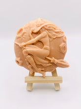 Load image into Gallery viewer, Handmade vegan soap featuring a witch flying on her broomstick and packaged in beautiful eco friendly packaging. crafted with natural French clays, activated charcoal and essential oils. a eco-friendly, zero waste gift that’s cruelty-free, skin-nourishing, and perfect for horror lovers and halloween themed gifts. Small business UK