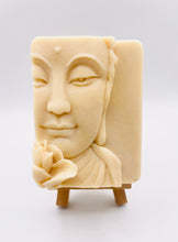 Load image into Gallery viewer, Handmade vegan soaps featuring a beautiful buddha and lotus flower and wrapped in beautiful eco friendly packaging crafted with natural French clays, activated charcoal and essential oils. a eco-friendly, zero waste gift that’s cruelty-free, skin-nourishing, and perfect gift for buddha lovers. small business UK