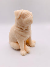 Load image into Gallery viewer, Handmade vegan soaps featuring a cute sitting pug dog. crafted with natural French clays, activated charcoal and essential oils. a eco-friendly, zero waste gift that’s cruelty-free, skin-nourishing, and perfect for pug owner gifts and dog lovers. Beautiful eco friendly packaging. Small Business UK
