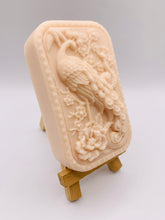 Load image into Gallery viewer, Handmade vegan soaps featuring a detailed peacock, in beautiful eco friendly packaging. crafted with natural French clays, activated charcoal and essential oils. a eco-friendly, zero waste gift that’s cruelty-free, skin-nourishing, the perfect gift for peacock lovers or for animal lovers. small business UK