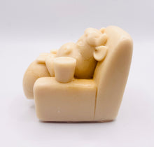 Load image into Gallery viewer, Handmade vegan cow sleeping on the sofa with book and coffee, shaped vegan soaps. crafted with natural French clays, activated charcoal and essential oils. a eco-friendly, zero waste gift that’s cruelty-free, skin-nourishing, and perfect for animal lovers and gifting. small business UK