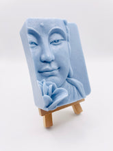 Load image into Gallery viewer, Handmade vegan soaps featuring a beautiful buddha and lotus flower and wrapped in beautiful eco friendly packaging crafted with natural French clays, activated charcoal and essential oils. a eco-friendly, zero waste gift that’s cruelty-free, skin-nourishing, and perfect gift for buddha lovers. small business UK