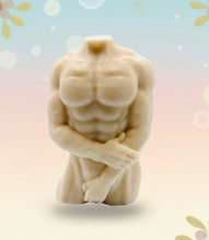 Load image into Gallery viewer, Handmade vegan soaps featuring a masculine male sculpture, packaged in beautiful eco friendly packaging. crafted with natural French clays, activated charcoal and essential oils. a eco-friendly, zero waste gift that’s cruelty-free, skin-nourishing, the perfect gift for Pride or hen party gifts. small business UK