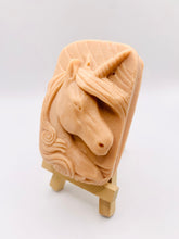Load image into Gallery viewer, Handmade vegan soaps featuring a unicorn head and wrapped in beautiful eco friendly packaging crafted with natural French clays, activated charcoal and essential oils. a eco-friendly, zero waste gift that’s cruelty-free, skin-nourishing, and perfect gift for unicorn lovers. small business UK