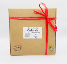 Load image into Gallery viewer, Handmade vegan soaps featuring a set of two cockerels gift boxed in beautiful eco friendly packaging. crafted with natural French clays, activated charcoal and essential oils. a eco-friendly, zero waste gift that’s cruelty-free, skin-nourishing, the perfect gift for chicken lovers or for animal lover gifts. small business UK