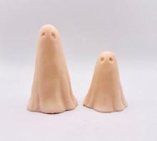 Load image into Gallery viewer, Handmade vegan soaps shaped as a set of two cute sheet ghosts beautifully gift boxed in eco friendly packaging. crafted with natural French clays, activated charcoal and essential oils. a eco-friendly, zero waste gift that’s cruelty-free, skin-nourishing, and perfect for Halloween and gifting. Small Business UK