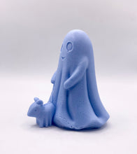 Load image into Gallery viewer, Handmade vegan soaps shaped as a cute ghost walking a dog. crafted with natural French clays, activated charcoal and essential oils. a eco-friendly, zero waste gift that’s cruelty-free, skin-nourishing, and perfect for Halloween and gifting. Small business UK.