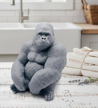 Load image into Gallery viewer, A highly detailed large handmade vegan soap in the shape of a realistic sitting gorilla, featuring textured fur details, perfect for wildlife-themed farmhouse decor and unique gifts.