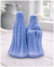 Load image into Gallery viewer, handmade vegan soap featuring a ghostly bride with a bouquet and a groom, a unique farmhouse decor wedding or anniversary gift