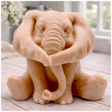 Load image into Gallery viewer, A crisp product photograph of a detailed, grey artisan bar of soap intricately molded into the shape of a sitting baby elephant. The elephant is depicted holding its trunk with its front legs crossed in a "hear no evil" or hugging pose, showcasing realistic skin textures, expressive eyes, and large ears.