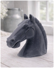 Load image into Gallery viewer, Grey horse head vegan soap sculpture gift on a wooden floor with decorative elements in the background