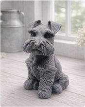 Load image into Gallery viewer, A detailed handmade vegan soap sculpted in the shape of a sitting Schnauzer dog with characteristic fluffy eyebrows and beard, in a natural colour, set against a bright window and white flowers. By soap Simple creations