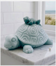 Load image into Gallery viewer, A handmade vegan soap in a soft mint green tone, sculpted into a large friendly turtle with a geometric shell pattern and a small, cute frog sleeping peacefully on its back.