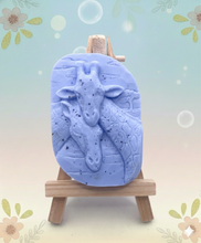 Load image into Gallery viewer, Handmade vegan soaps featuring two nuzzling giraffes in beautiful eco friendly packaging. crafted with natural French clays, activated charcoal and essential oils. a eco-friendly, zero waste gift that’s cruelty-free, skin-nourishing, the perfect gift for giraffe lovers, or for animal lover gifts. small business UK