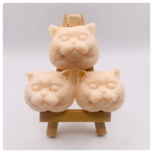 Load image into Gallery viewer, Handmade vegan soaps featuring a set of three little cat faces gift boxed in beautiful eco friendly packaging. crafted with natural French clays, activated charcoal and essential oils. a eco-friendly, zero waste gift that’s cruelty-free, skin-nourishing, the perfect gift for cat lovers or animal lovers. small business UK