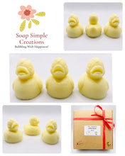 Load image into Gallery viewer, duck Gift UK | duck unique gift, rubber duck gift, Little Ducks Vegan Soaps - Gift Boxed Quack, quack! Looking for the perfect gift? Look no further! This set of 3 duck soaps are perfect for popping into a hamper, gifting, or keeping for yourself because let’s be honest - they’re adorable! Vegan and cruelty-free, these soaps are gentle on your skin and on the planet! Plus, they come gift boxed in eco-friendly packaging, so you can feel good about. modern gifts. handmade home style. zero waste gifts