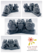 Load image into Gallery viewer, Handmade vegan soaps featuring the three wise owls sat on a log. see no evil, hear no evil speak no evil. crafted with natural French clays, activated charcoal and essential oils. a eco-friendly, zero waste gift that’s cruelty-free, skin-nourishing, and perfect for animal lovers and teacher appreciation gifts. small business UK