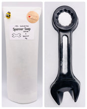 Load image into Gallery viewer, Spanner Gift | tool gift idea, DIY lover gift, Spanner Vegan Soap Check out our charcoal Spanner Soap! Perfectly shaped like a spanner, it combines the deep-cleansing power of activated charcoal with your choice of uplifting essential oils. Made for men who don’t mind getting their hands dirty but appreciate a little luxury, this soap is vegan, cruelty-free, and packaged in eco-friendly materials. Whether it’s for a mechanic, DIY enthusiast. handmade home style. unique gift, modern gifts.