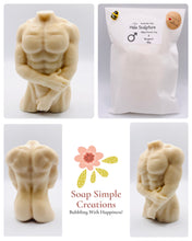 Load image into Gallery viewer, Handmade vegan soaps featuring a masculine male sculpture, packaged in beautiful eco friendly packaging. crafted with natural French clays, activated charcoal and essential oils. a eco-friendly, zero waste gift that’s cruelty-free, skin-nourishing, the perfect gift for Pride or hen party gifts. small business UK