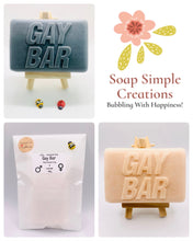 Load image into Gallery viewer, Handmade vegan soap featuring the writing GAY BAR and packaged in beautiful eco friendly packaging. crafted with natural French clays, activated charcoal and essential oils. a eco-friendly, zero waste gift that’s cruelty-free, skin-nourishing, and perfect for pride Gifts and novelty themed gifts. Small business UK