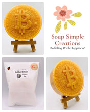 Load image into Gallery viewer, Handmade chunky vegan soap shaped as a golden Bitcoin. perfect crypto gift and gifts for him. Small Business UK