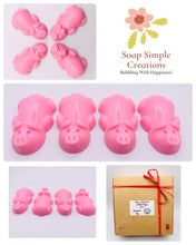 Load image into Gallery viewer, Pig Gift | pig lover gift | farm animal gift | cute pig gift | | Birthday gift, Christmas gift, Stocking filler, Little Pigs Vegan Soaps - Set of 4 90g - Gift Boxed Eco conscious gift This cute set of four gorgeous pig soaps are the perfect gift for any pig or farm animal lover! Beautifully gift boxed in eco friendly packaging, ready to give your loved one.