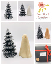 Load image into Gallery viewer, Handmade vegan soaps featuring a ghost and christmas tree gift boxed in beautiful eco friendly packaging crafted with natural French clays, activated charcoal and essential oils. a eco-friendly, zero waste gift that’s cruelty-free, skin-nourishing, and perfect for creepmas gifts and horror gifts. small business UK