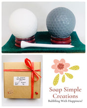 Load image into Gallery viewer, Handmade vegan soaps shaped as two golf balls, gift boxed in beautiful eco friendly packaging. crafted with natural French clays, activated charcoal and essential oils. a eco-friendly, zero waste gift that’s cruelty-free, skin-nourishing, and perfect for golf lovers and gifting . Small business UK