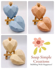 Load image into Gallery viewer, Handmade vegan soaps featuring a set of two geometric hearts gift boxed in beautiful eco friendly packaging crafted with natural French clays, activated charcoal and essential oils. a eco-friendly, zero waste gift that’s cruelty-free, skin-nourishing, and perfect for valentines day and romantic themed gifts. small business UK