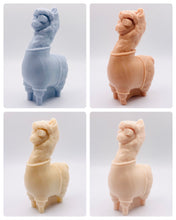 Load image into Gallery viewer, Handmade vegan soaps featuring a llama or alpaca wearing a jumper and sunglasses wrapped in beautiful eco friendly packaging crafted with natural French clays, activated charcoal and essential oils. a eco-friendly, zero waste gift that’s cruelty-free, skin-nourishing, and perfect for alpaca or llama gifts and animal themed gifts. small business UK