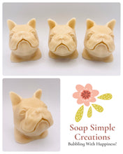 Load image into Gallery viewer, Handmade vegan soaps featuring three french bulldog heads gift boxed in beautiful eco friendly packaging crafted with natural French clays, activated charcoal and essential oils. a eco-friendly, zero waste gift that’s cruelty-free, skin-nourishing, and perfect for frenchie owners, dog lovers, and animal themed gifts. small business UK