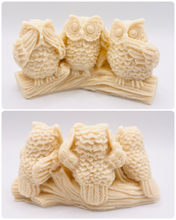 Load image into Gallery viewer, Handmade vegan soaps featuring the three wise owls sat on a log. see no evil, hear no evil speak no evil. crafted with natural French clays, activated charcoal and essential oils. a eco-friendly, zero waste gift that’s cruelty-free, skin-nourishing, and perfect for animal lovers and teacher appreciation gifts. small business UK