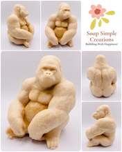 Load image into Gallery viewer, Handmade vegan soaps featuring a huge detailed gorilla soap gift boxed in beautiful eco friendly packaging crafted with natural French clays, activated charcoal and essential oils. a eco-friendly, zero waste gift that’s cruelty-free, skin-nourishing, and perfect for gorilla lovers, gifts for him and animal themed gifts. small business UK