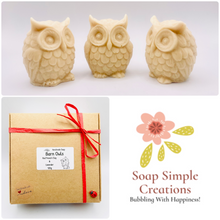 Load image into Gallery viewer, Handmade vegan soaps featuring a set of three owls, gift boxed in beautiful eco friendly packaging. crafted with natural French clays, activated charcoal and essential oils. a eco-friendly, zero waste gift that’s cruelty-free, skin-nourishing, the perfect gift for owl lovers and animal lovers. small business UK